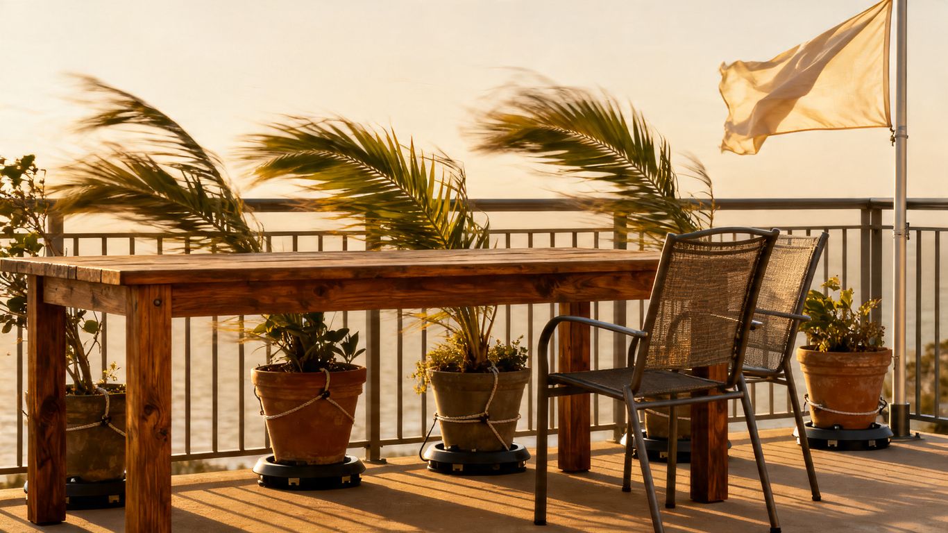 Stabile Möbel und Pflanzen auf einem windigen Balkon.