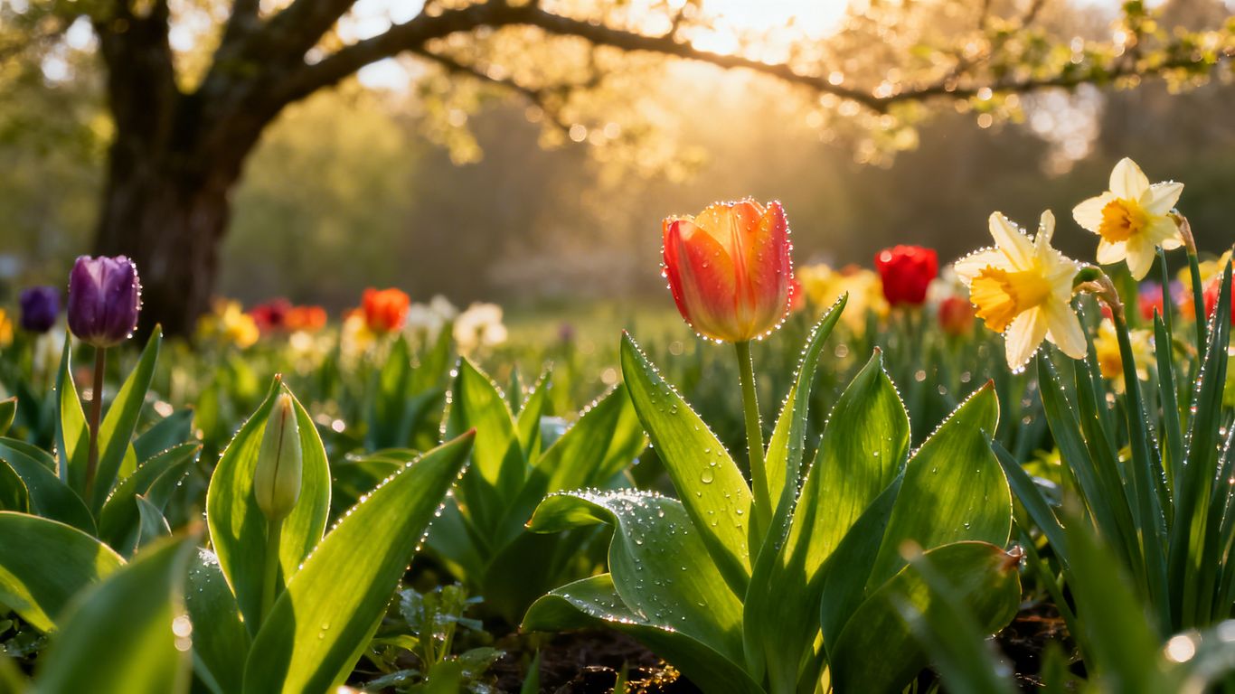 Frühlingsgarten mit blühenden Blumen und grünen Blättern.