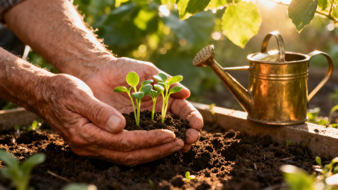 Hände pflegen junge Pflanzen im Garten.
