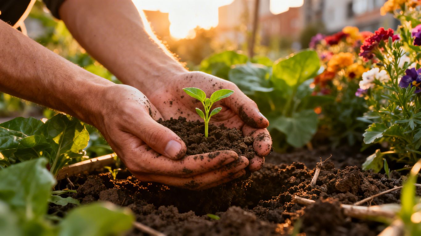 Hände pflegen junge Pflanzen im Stadtgarten