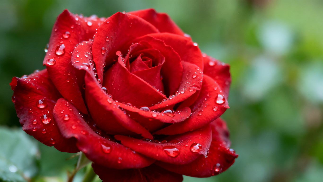 Rote Rose mit Tautropfen im Morgengrauen.