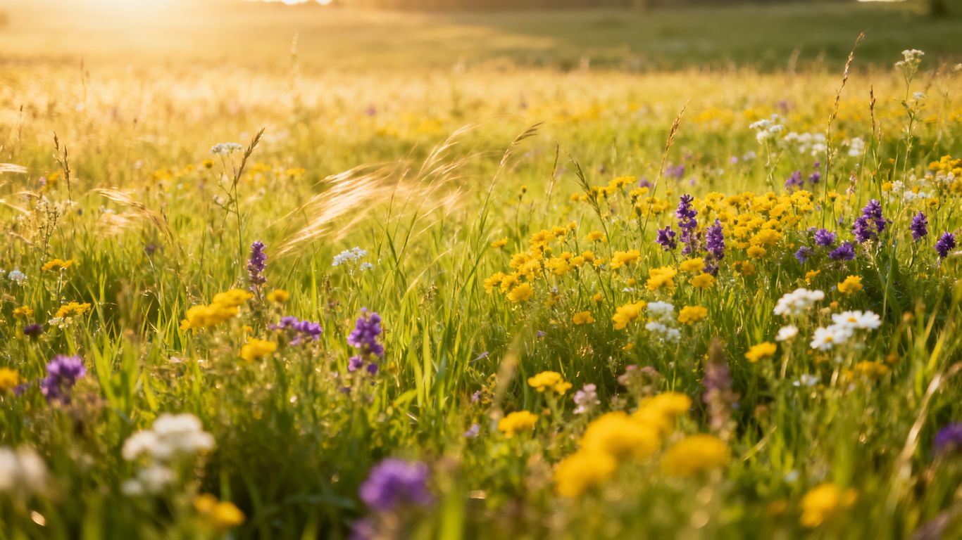 Blühende Wiese im Frühsommer mit bunten Wildblumen.