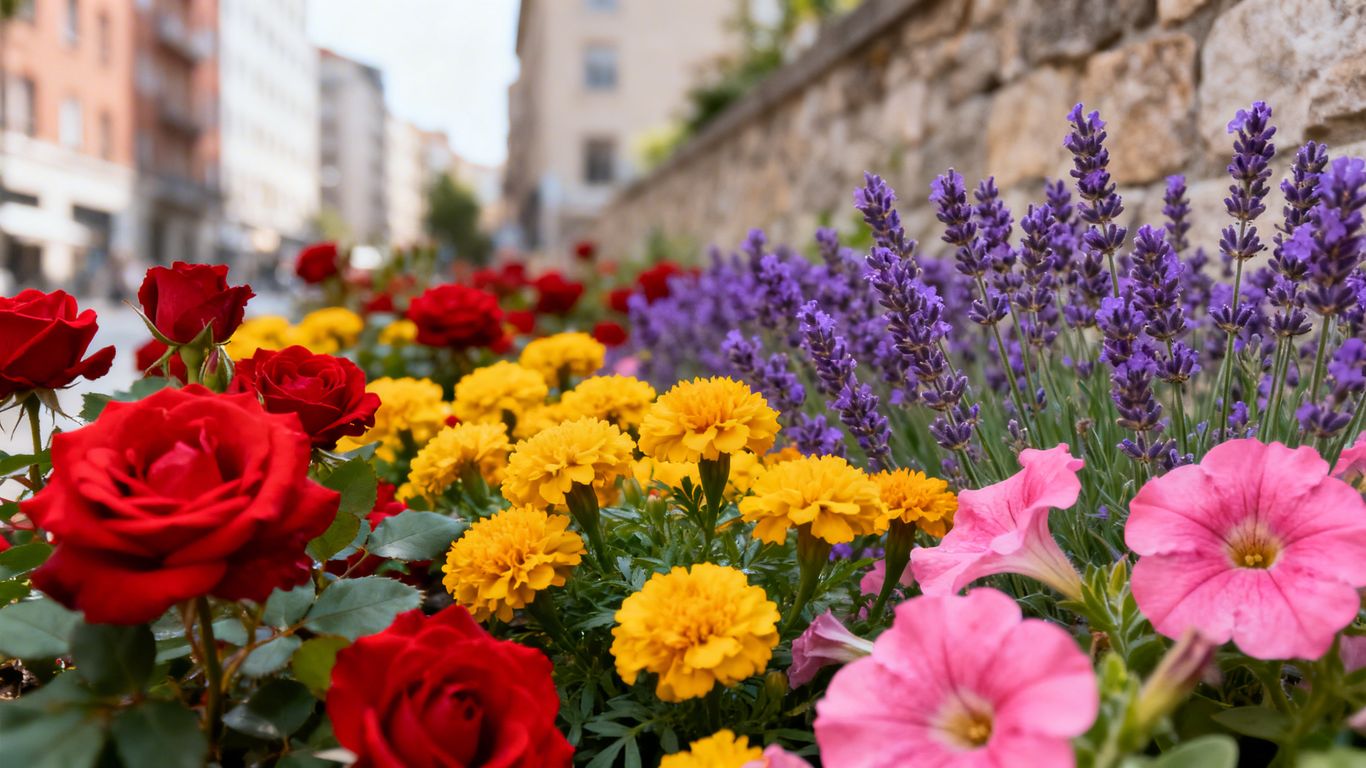 Bunte Blumen in einem städtischen Garten