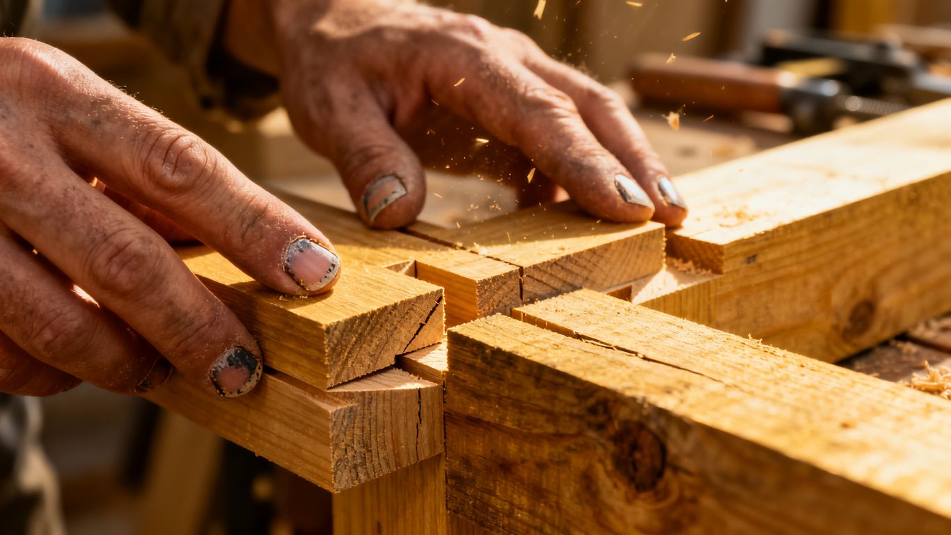 Hände bauen stabile Holzkonstruktion