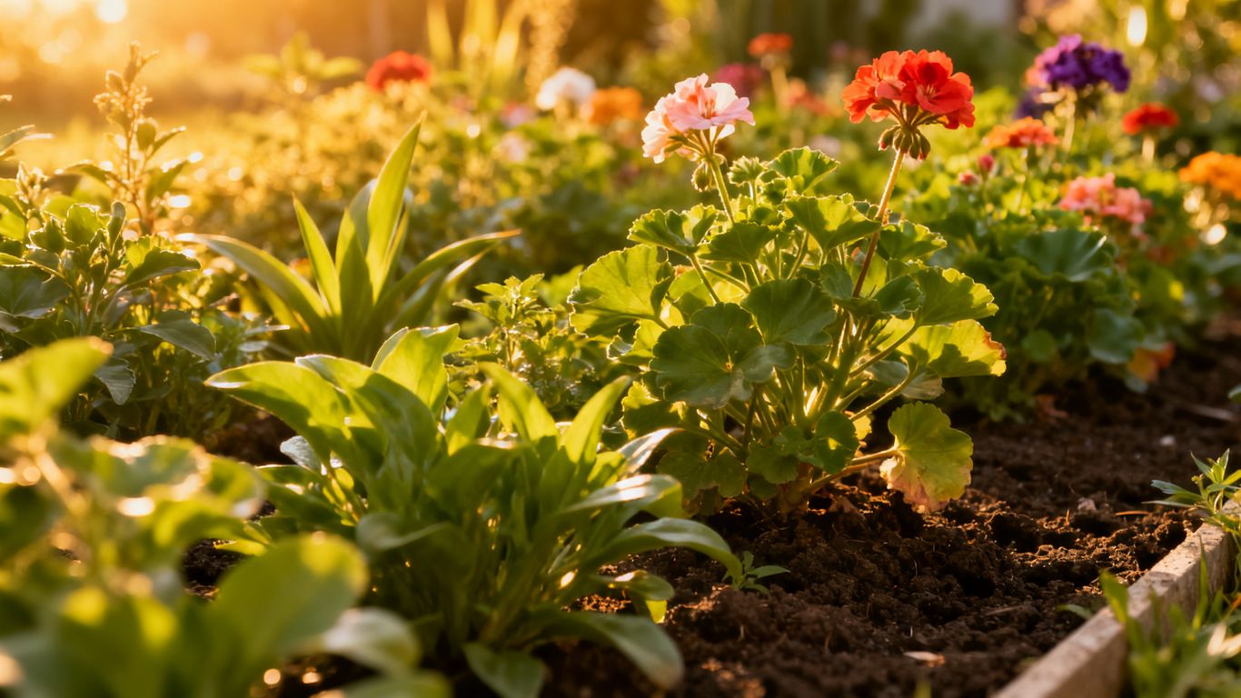 Grüne Pflanzen und bunte Blumen in einem sonnigen Beet.