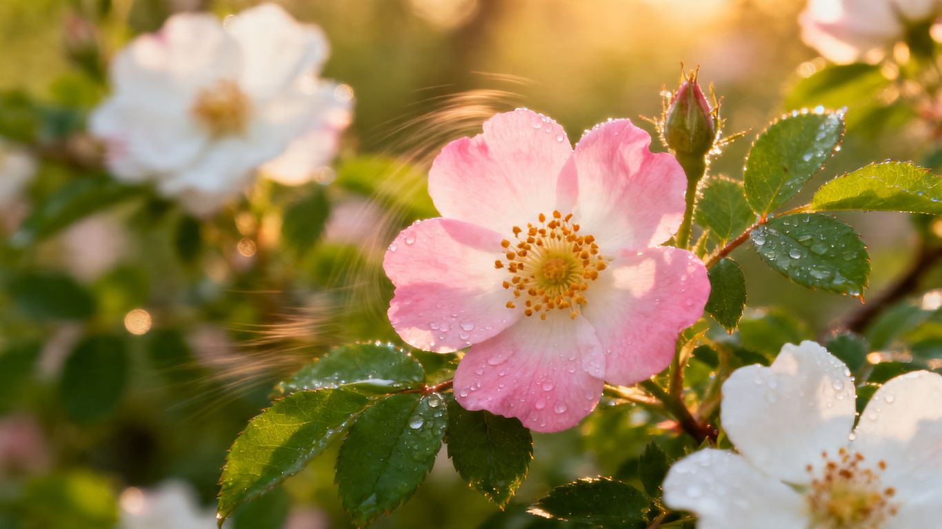 Blühende Blumen und grüne Blätter im Sonnenschein