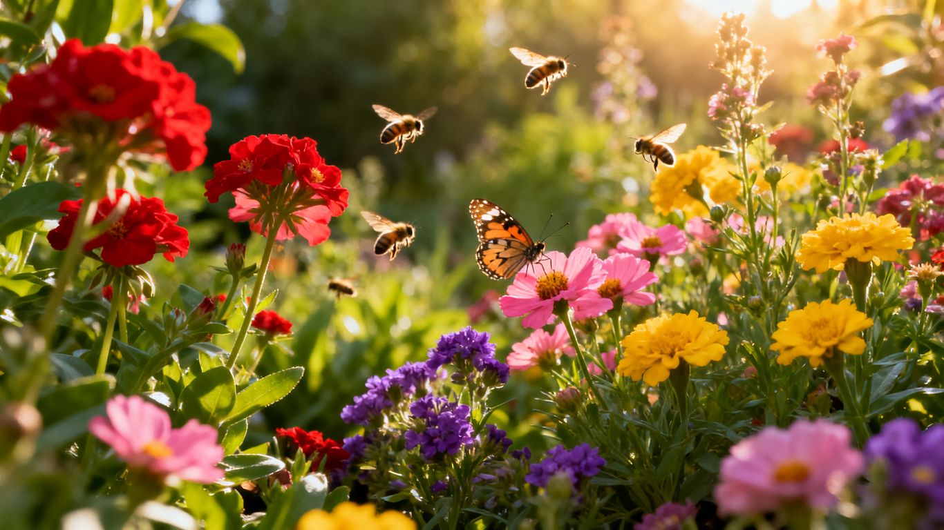 Bienen und Schmetterlinge auf bunten Blumen im Garten.