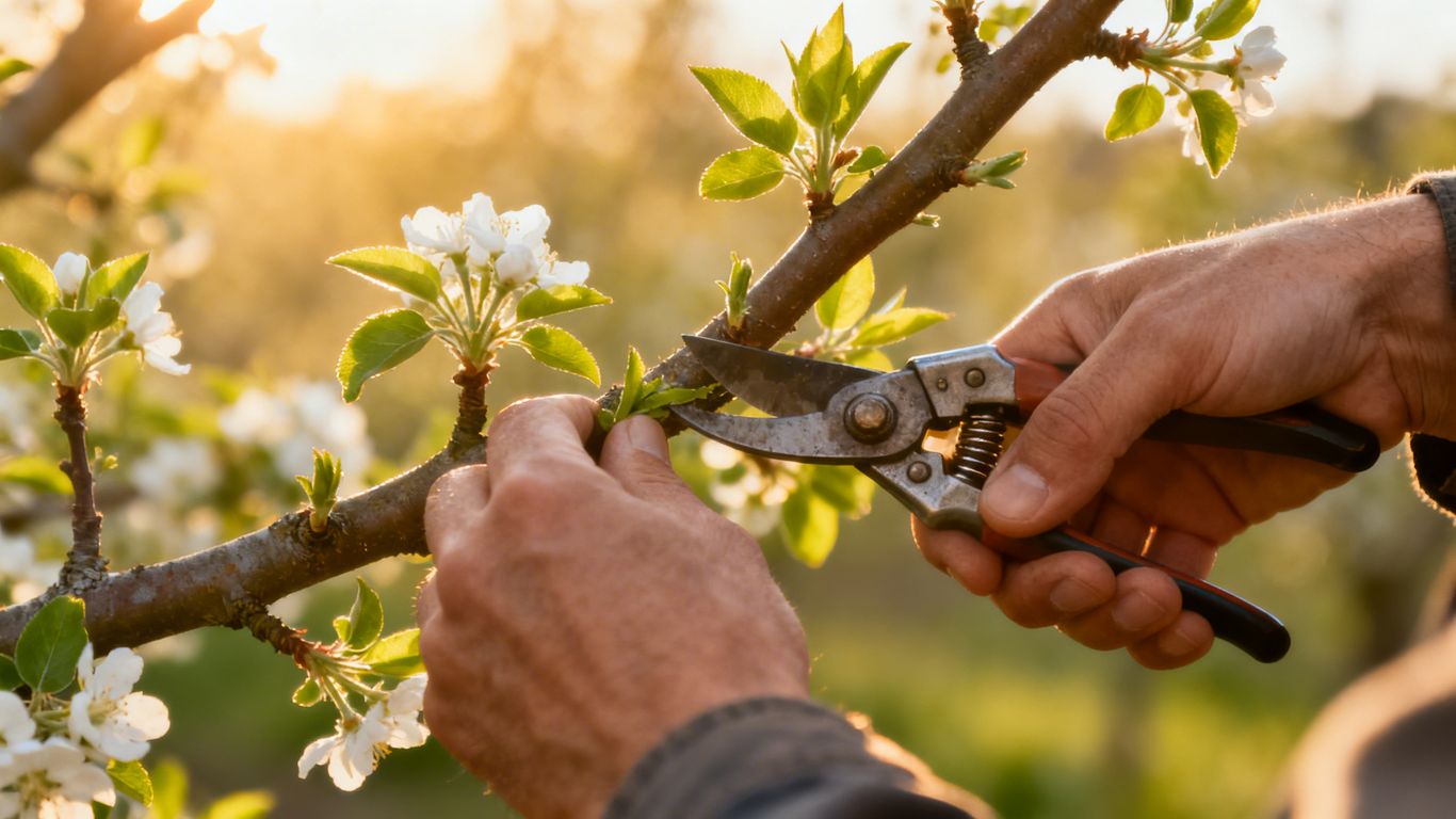 Gärtner schneidet Obstbaum im Frühling mit Gartenschere.