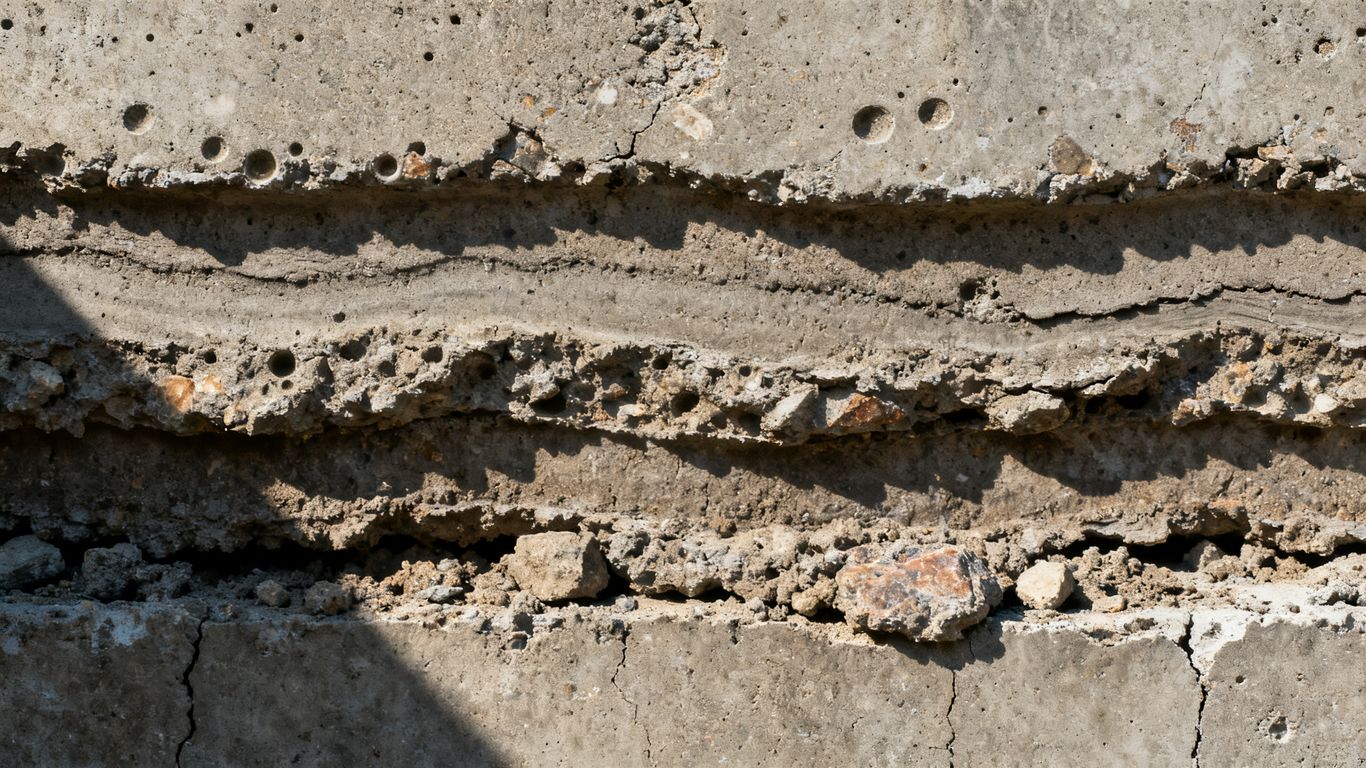 Ungleichmäßig gegossener Beton mit sichtbaren Schichten und Texturen.