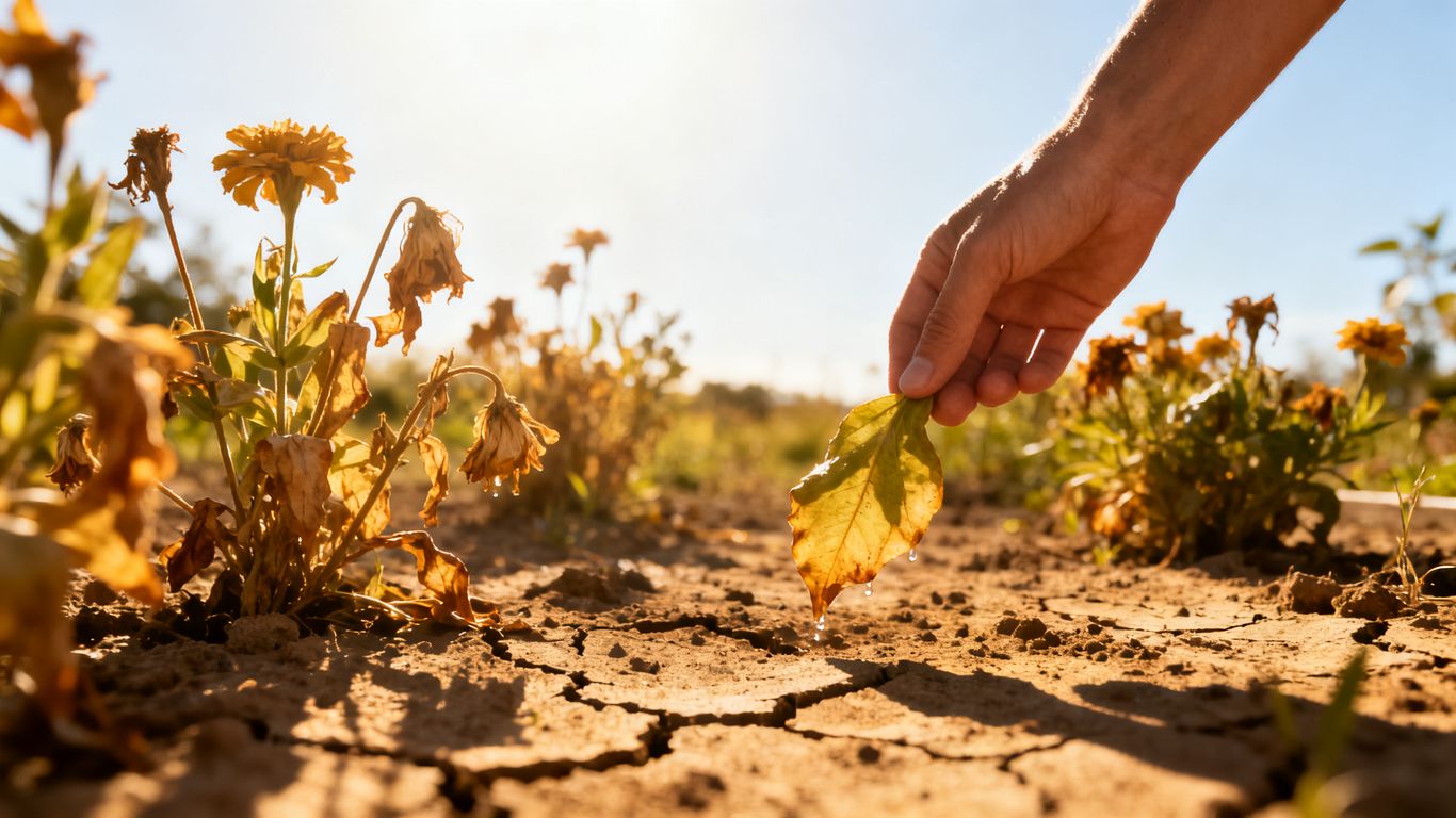 Vertrocknete Pflanzen und trockener Boden im Sommer