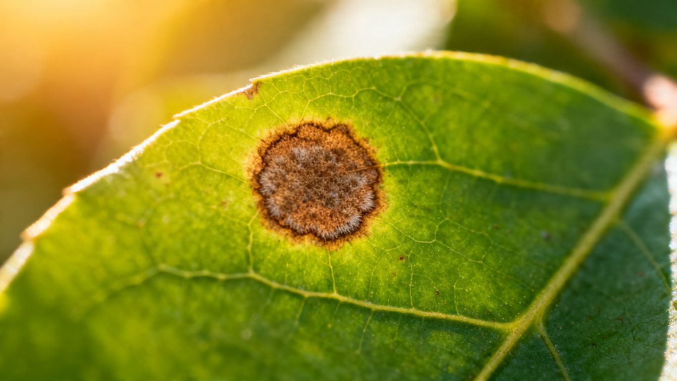 Grünes Blatt mit braunem Pilzfleck