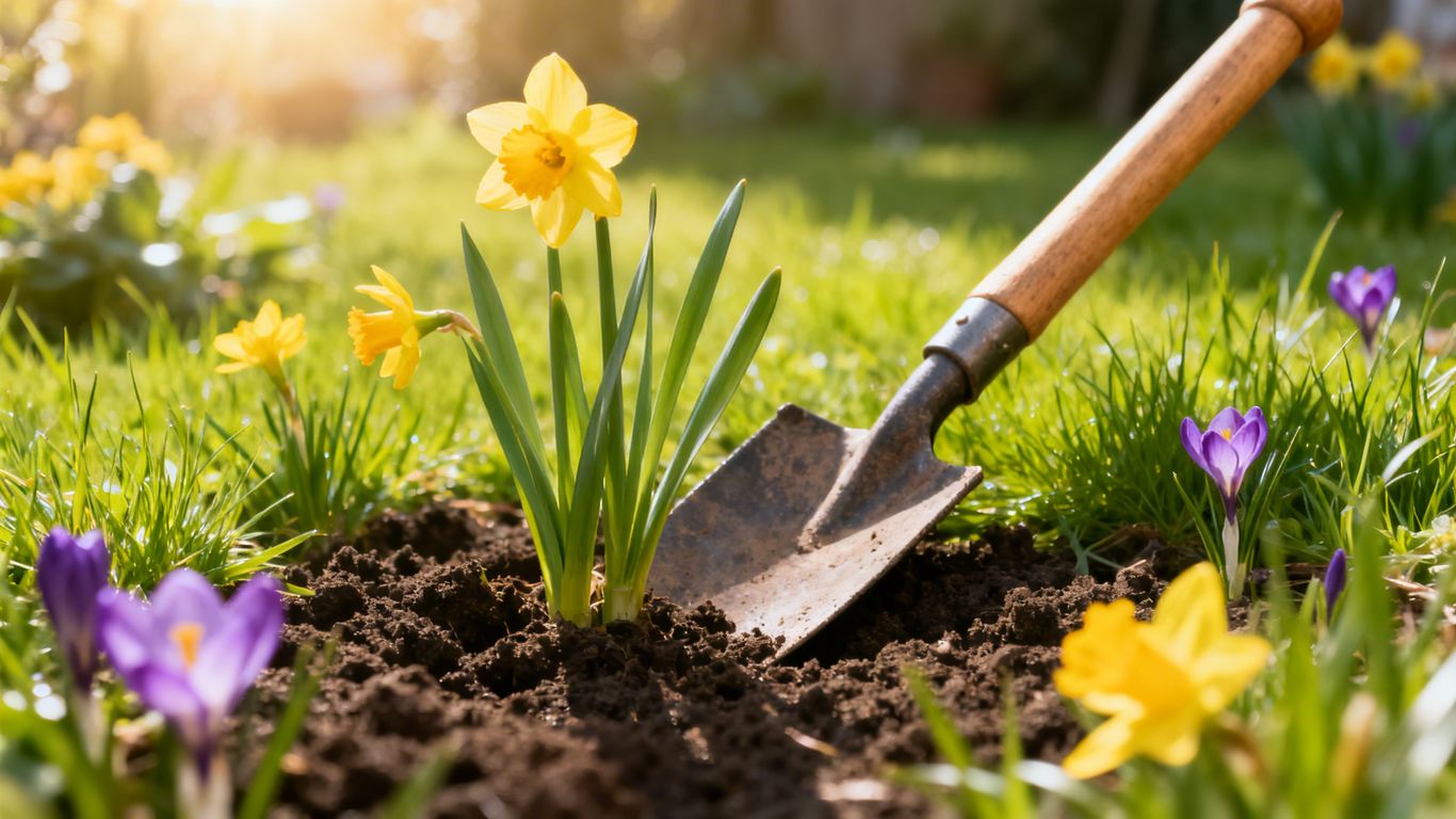 Frühlingsrasen mit Blumen und Gartengeräten