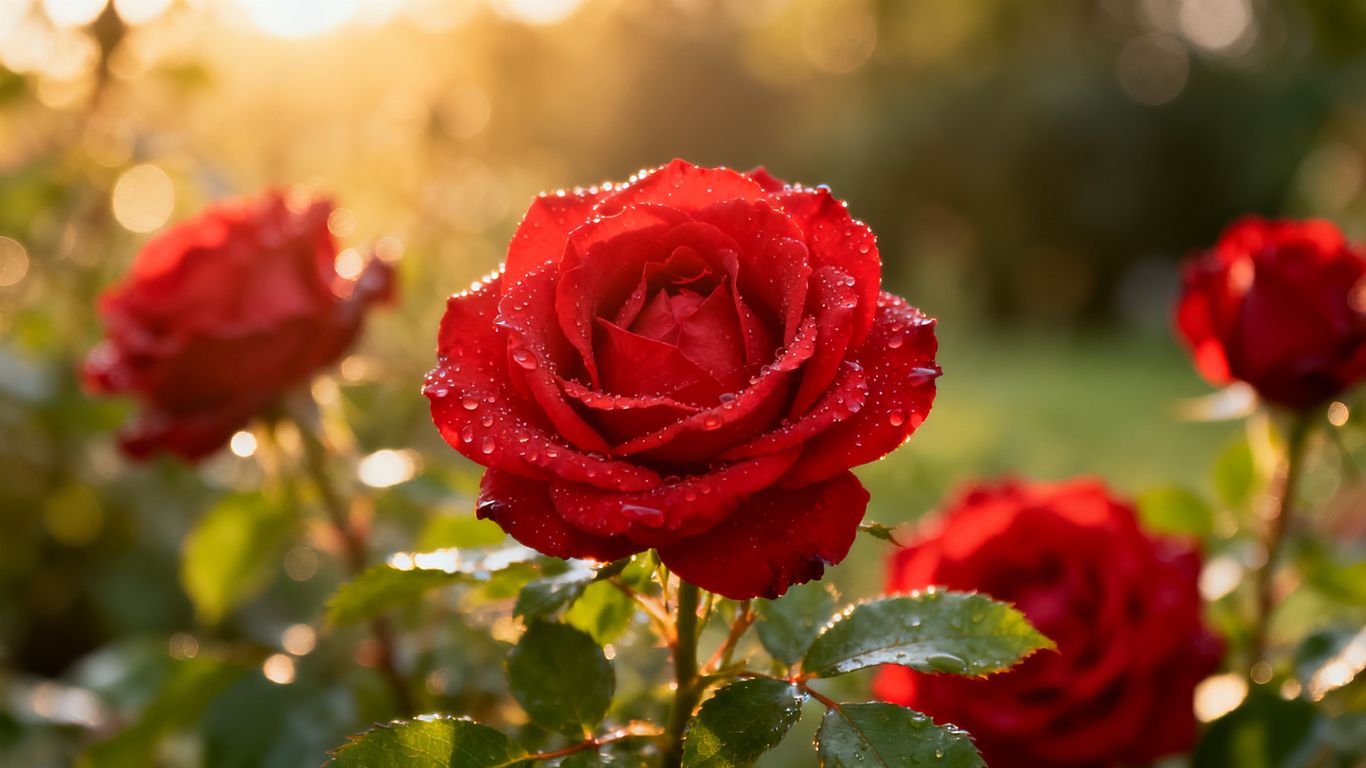 Rote Rosen im Juli mit Tautropfen