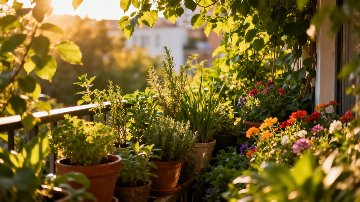 Balkongarten mit vielen grünen Pflanzen und Blumen.