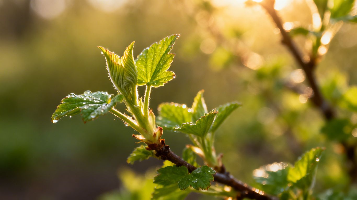 Beerensträucher im März mit jungen Trieben und Blättern.