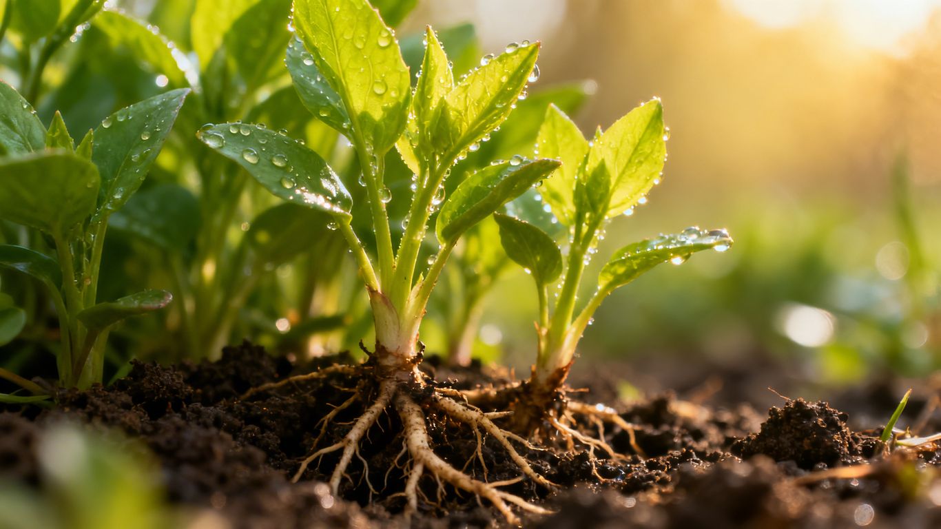 Kräftige Pflanzen mit neuem Frühlingswachstum im Sonnenlicht.