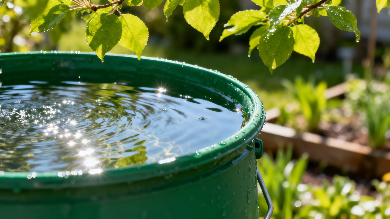 Regentonne im Garten mit frischem Wasser im Frühling