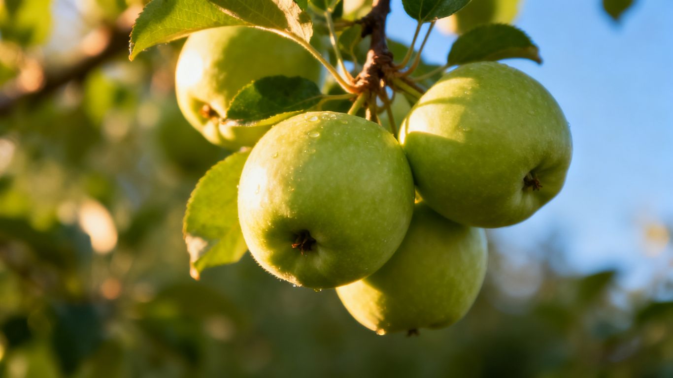 Grüne Äpfel am Baum im Sonnenlicht