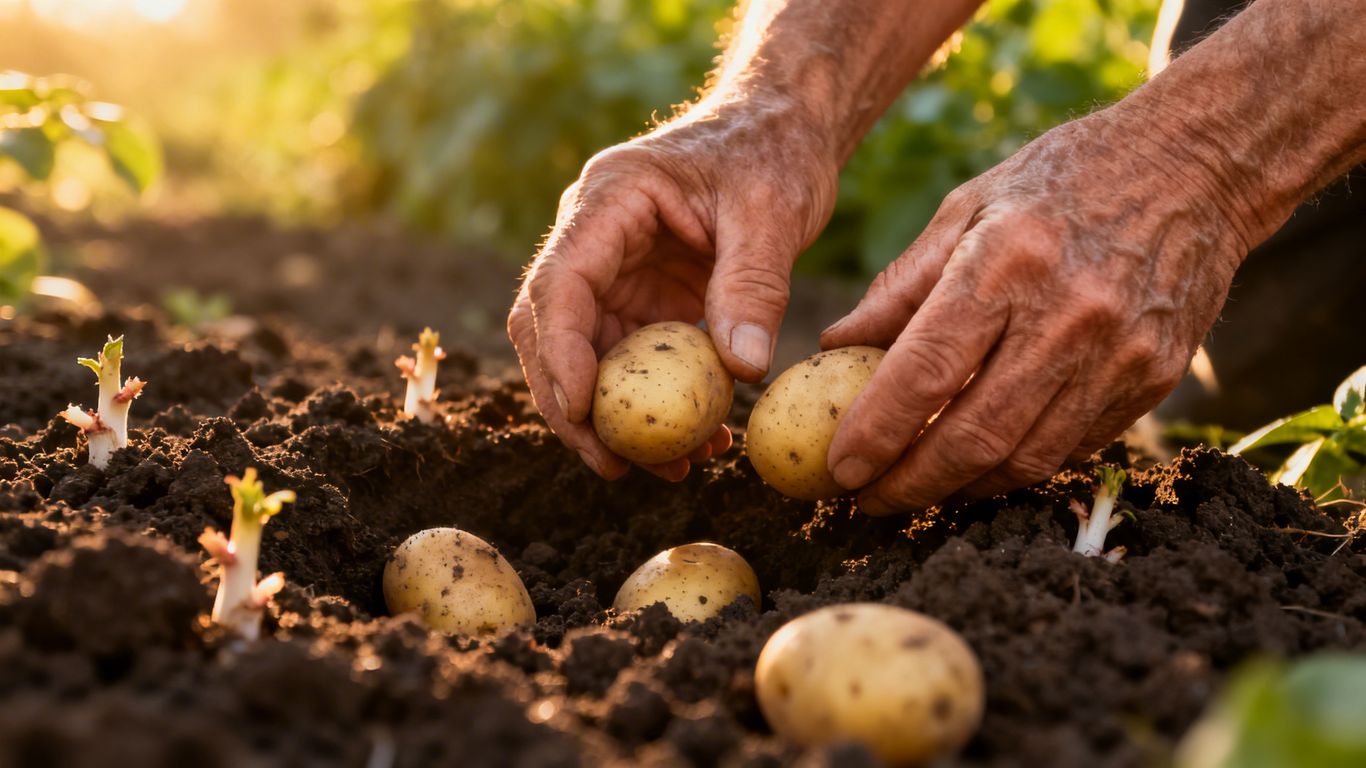 Hände pflanzen Kartoffeln in die Erde im Garten.
