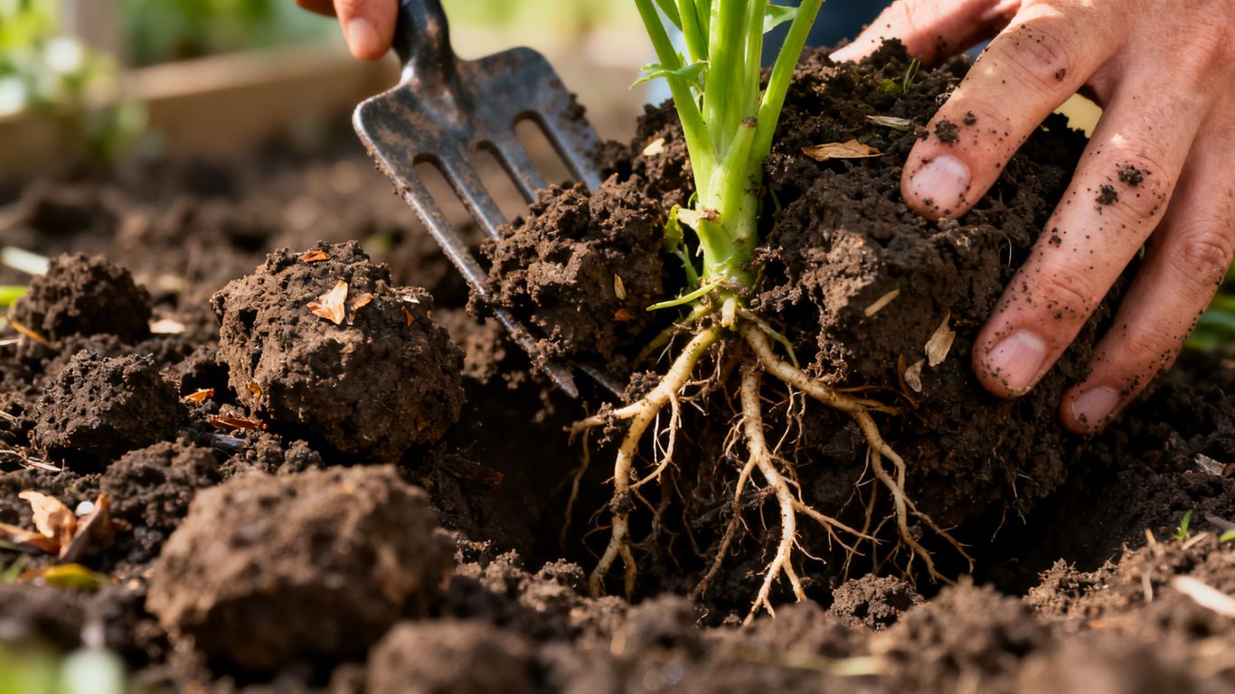 Verdichtete Erde mit einer Grabegabel lockern