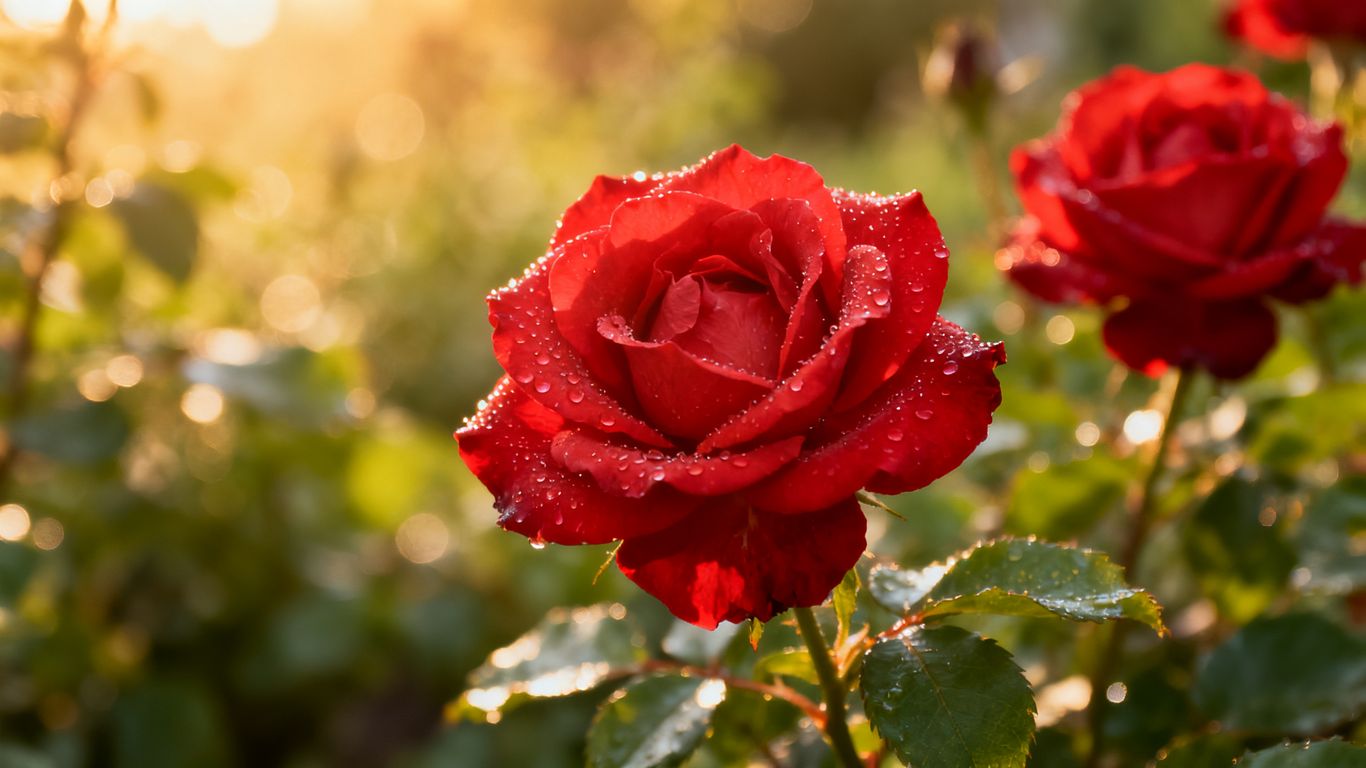 Rote Rosen im Juli mit Tautropfen