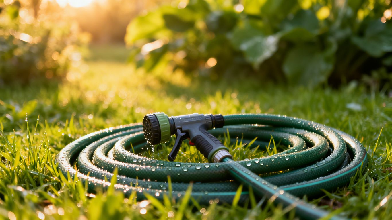 Gartenschlauch mit Sprühkopf im Gras