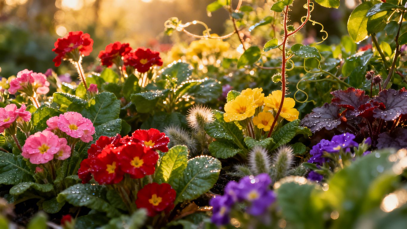 Viele bunte Blumen und Pflanzen auf kleinem Raum.