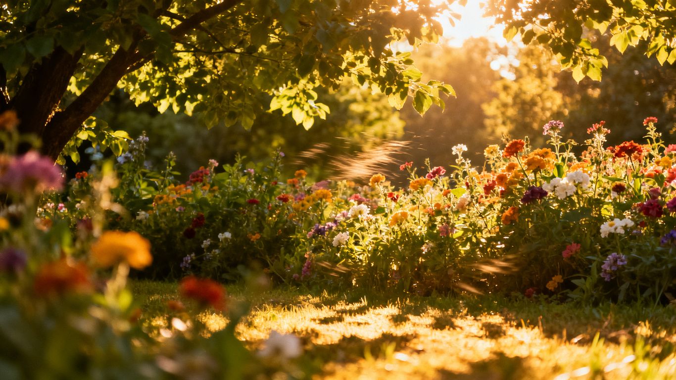 Sonniger Garten mit blühenden Blumen im Sommer