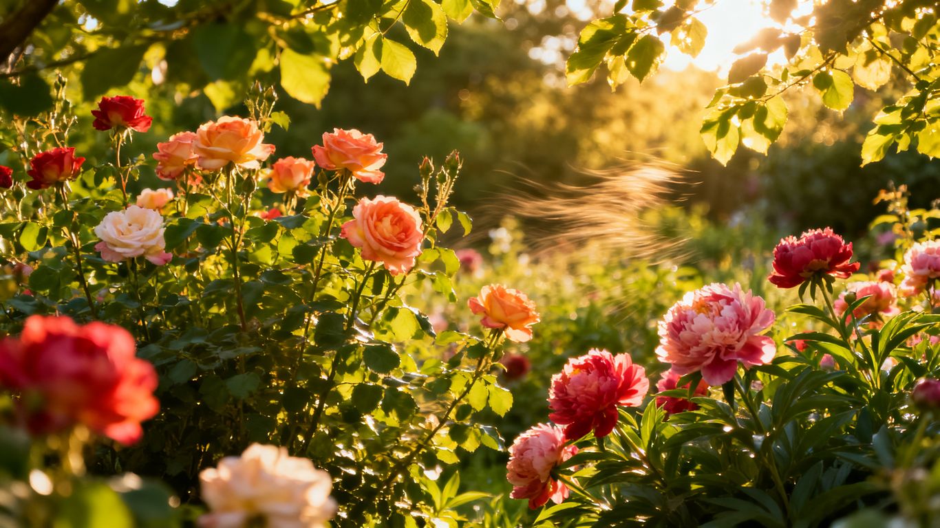 Blühende Blumen und grüne Blätter im Sonnenschein