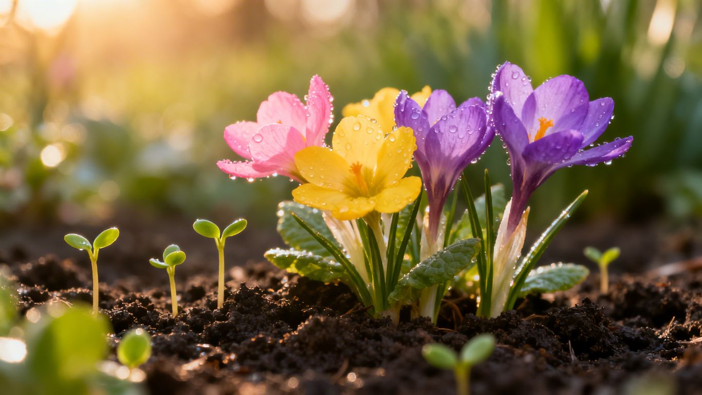 Frühlingsblumen und junge Pflanzen im März