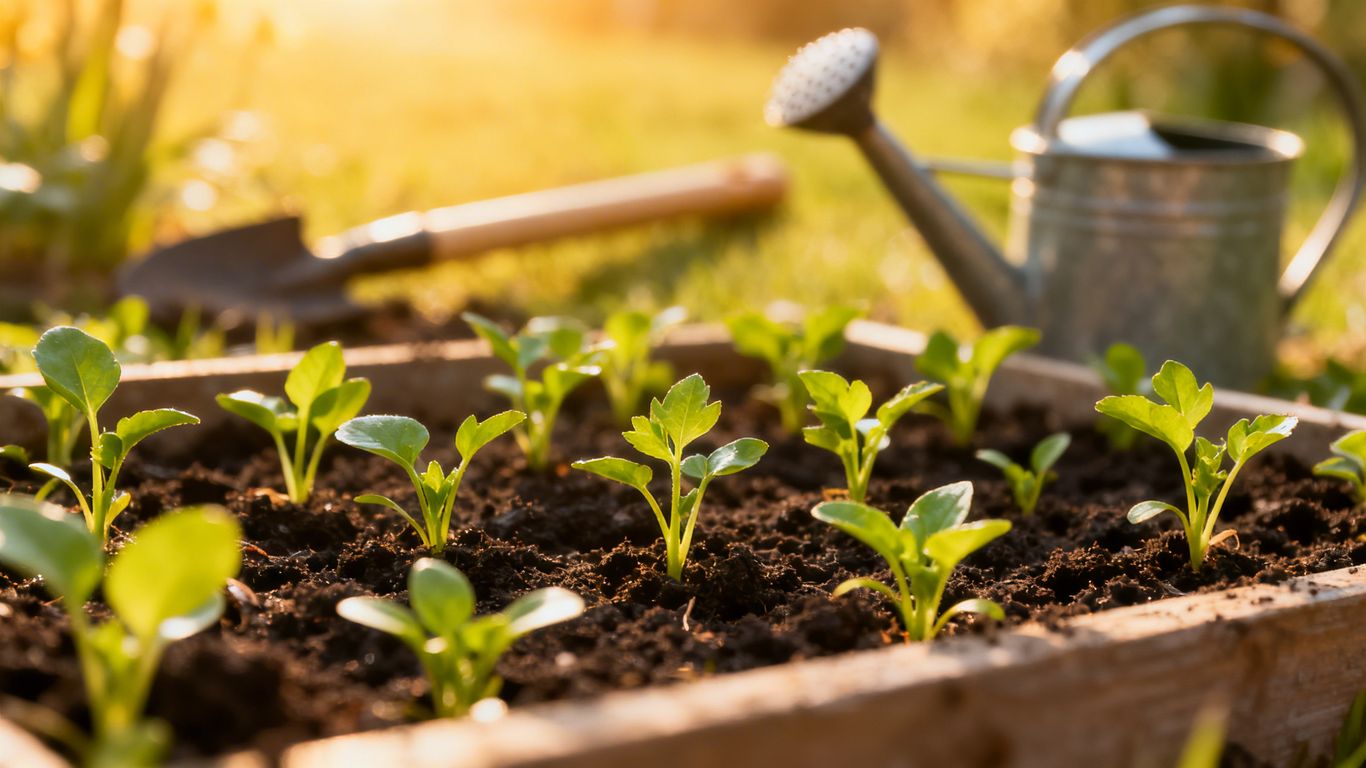 Frisch gepflanzte Setzlinge im Gartenbeet im Frühling.