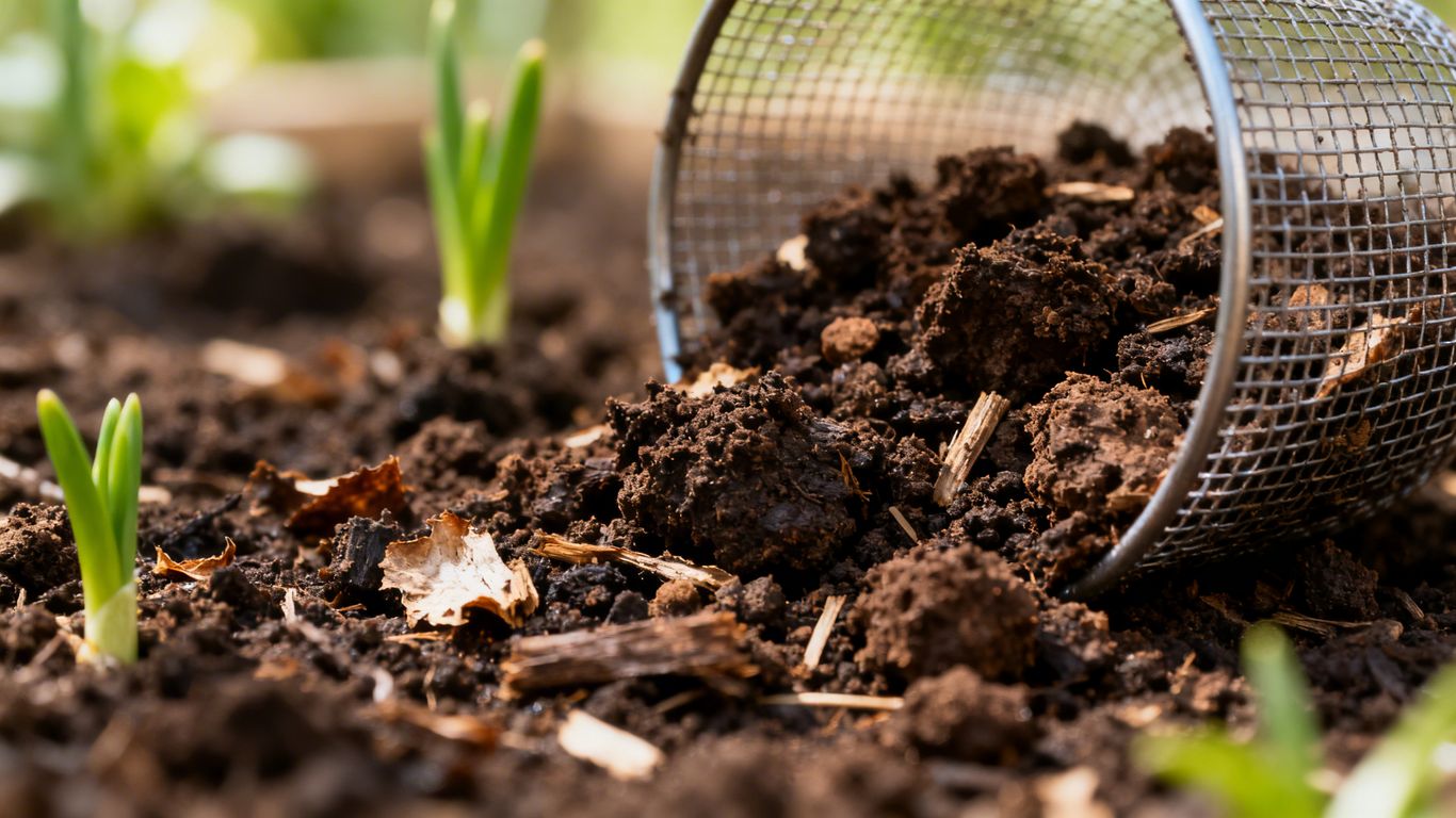 Kompost wird im Frühjahr durch ein Sieb gesiebt.