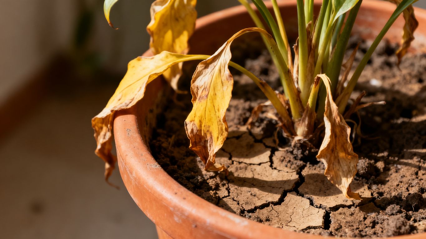 Verwelkte Pflanze mit trockener Erde im Topf