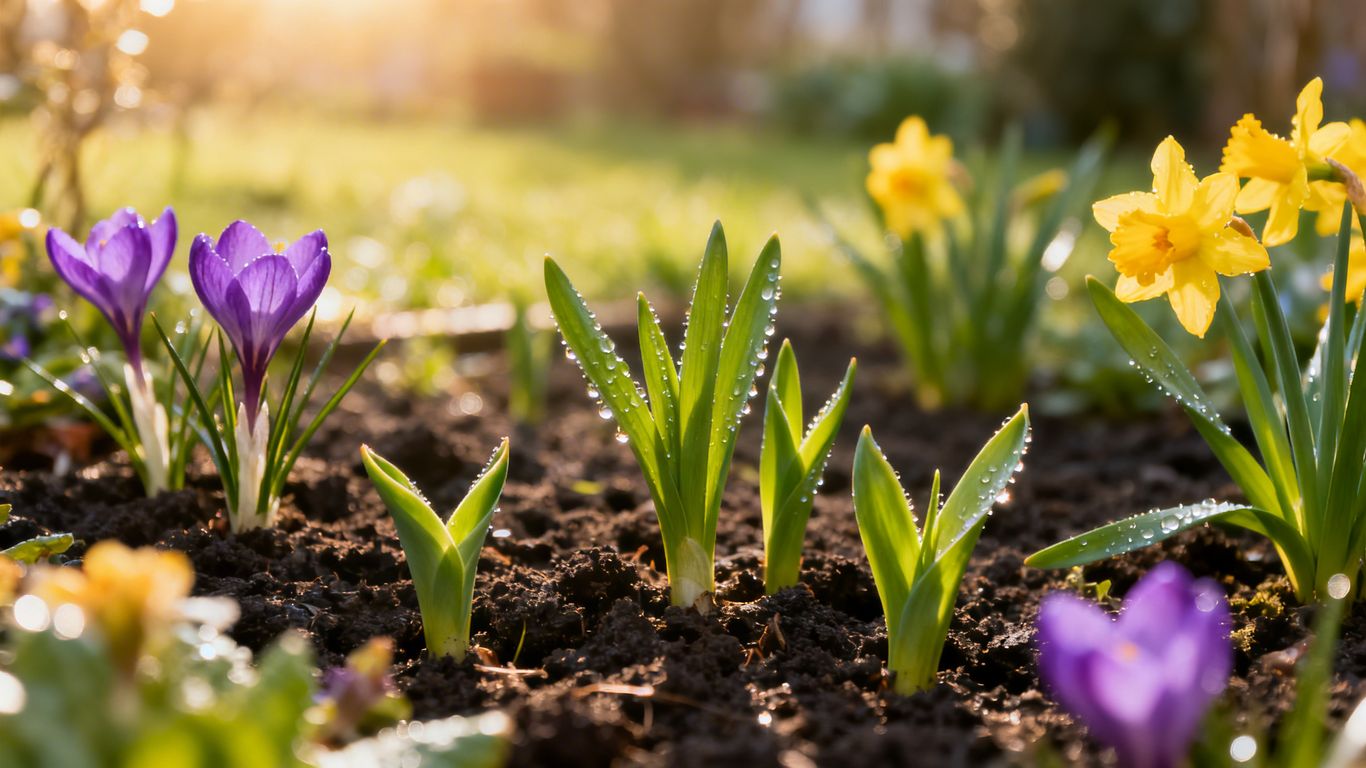 Frühlingsgarten mit ersten Blumen und grünem Laub.