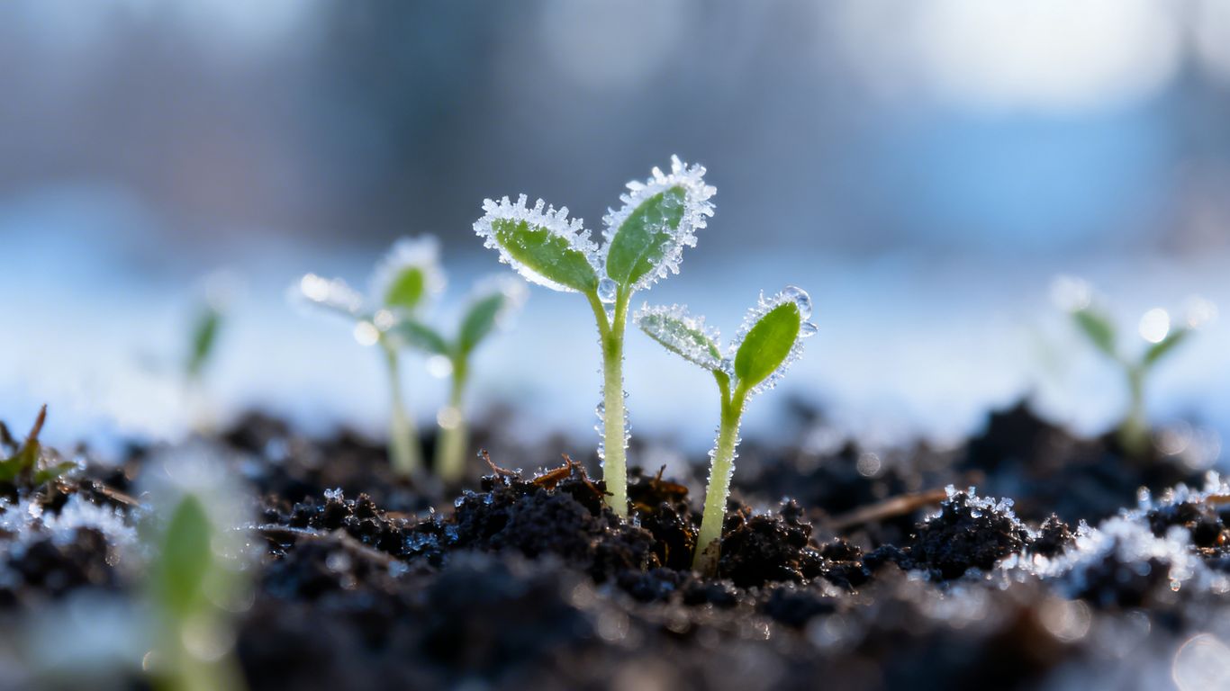 Junge Pflanzen mit Frost bedeckt im Frühling