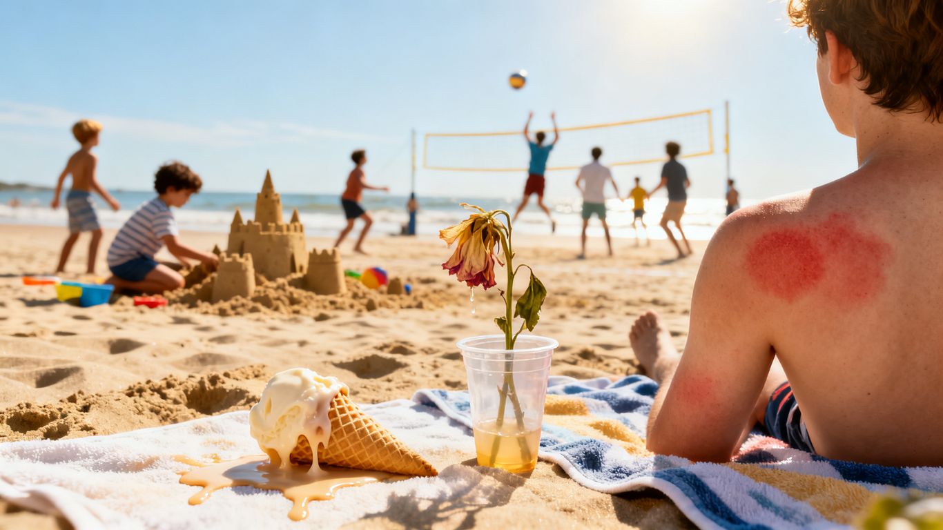 Sommerfehler am Strand mit Sonne und Eis.