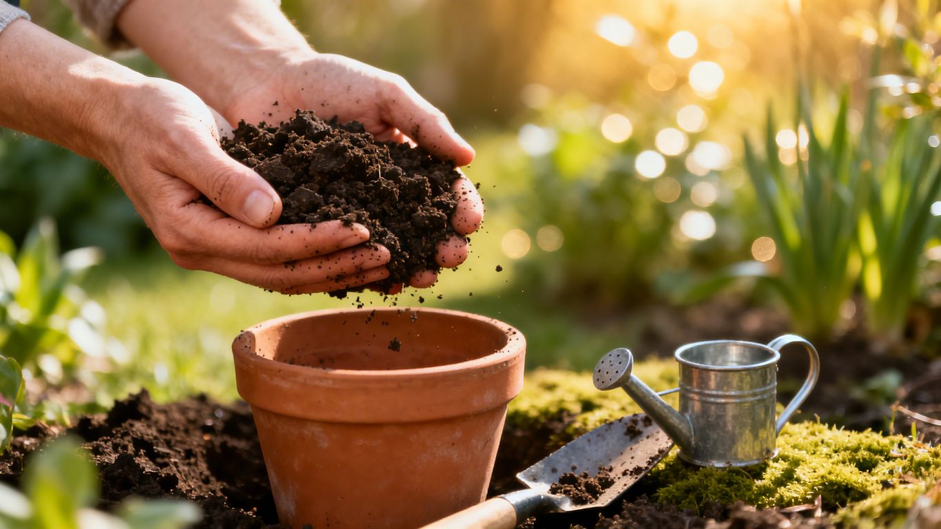 Frische Gartenerde wird in Blumentopf gefüllt