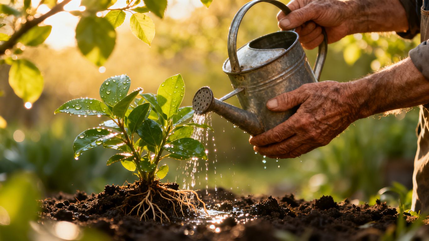 Gärtner gießt eine Pflanze im Frühling