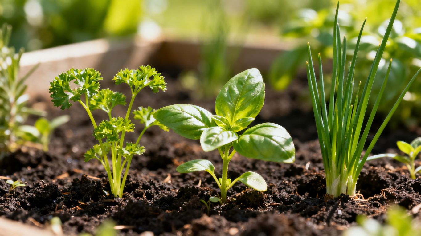 Junge Kräuter im Frühling wachsen im Garten.