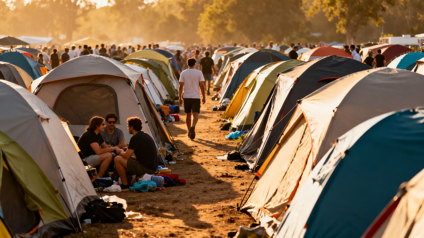 Überfüllter Campingplatz mit engen Zeltplätzen im Mai.