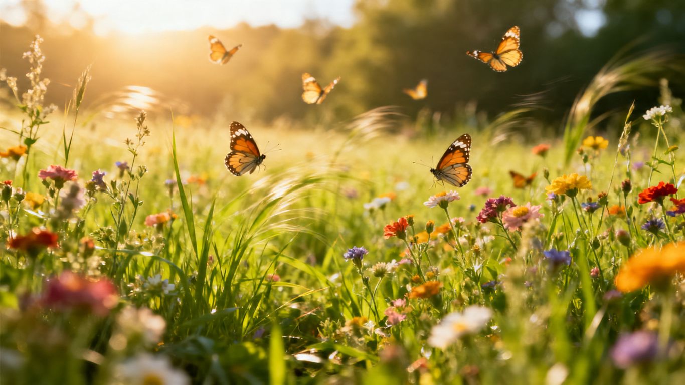 Blühende Wiese mit Schmetterlingen im Sonnenschein.