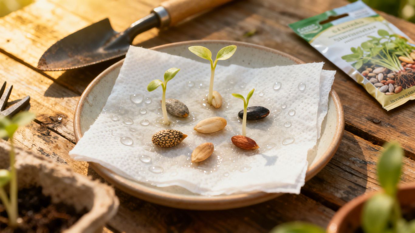 Samen auf feuchtem Tuch mit Keimlingen im Frühling