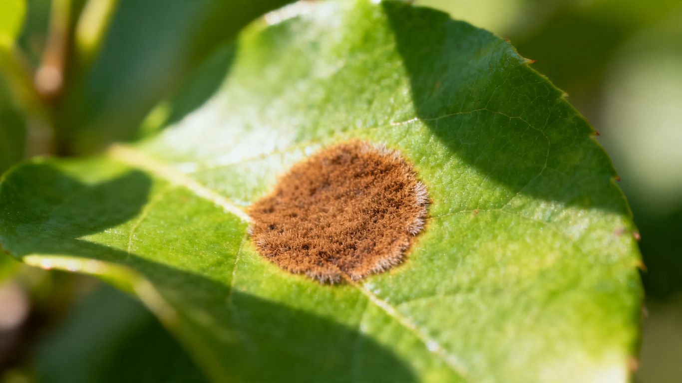 Grünes Blatt mit braunem Pilzfleck