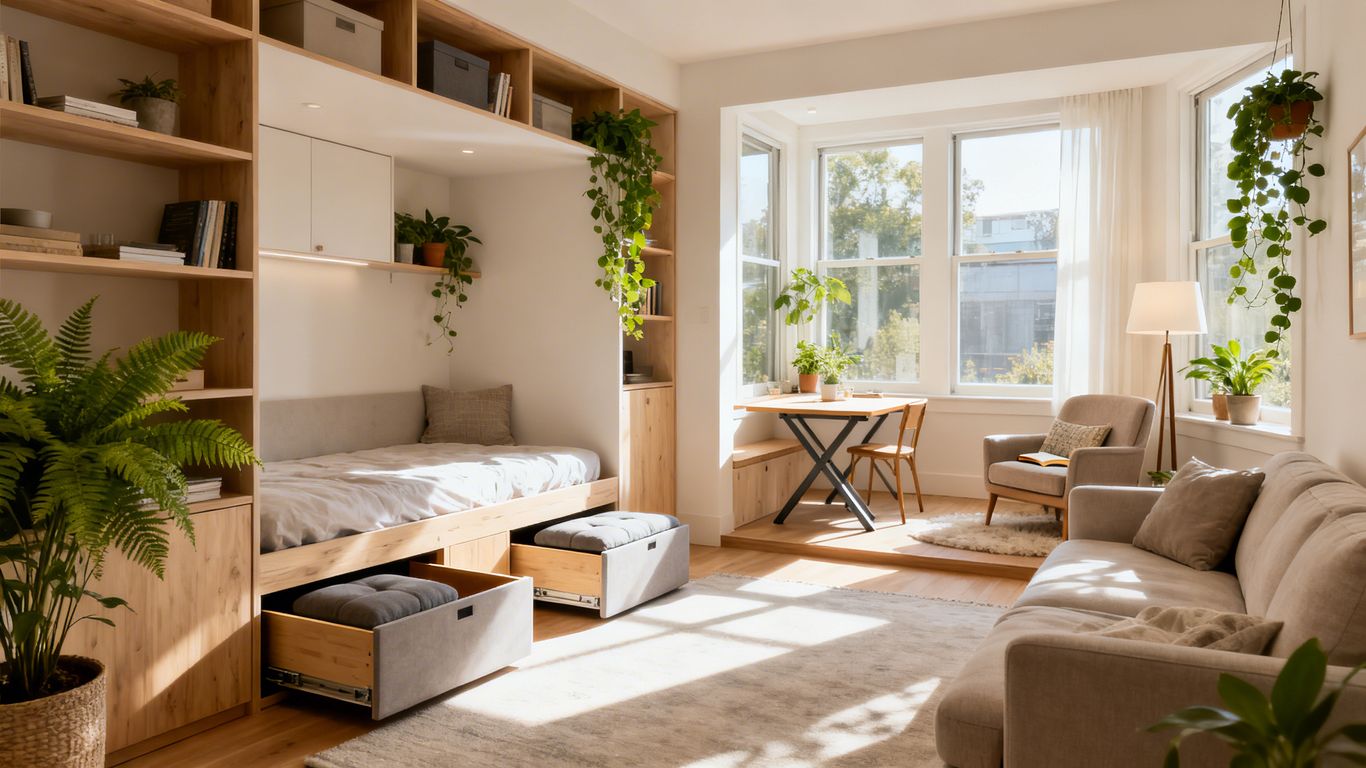 Kreative Wohnideen für kleine Räume mit Möbeln und Pflanzen.