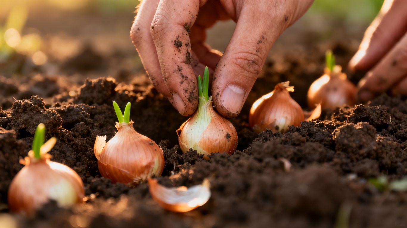 Hände pflanzen Zwiebeln im Frühjahr in die Erde.