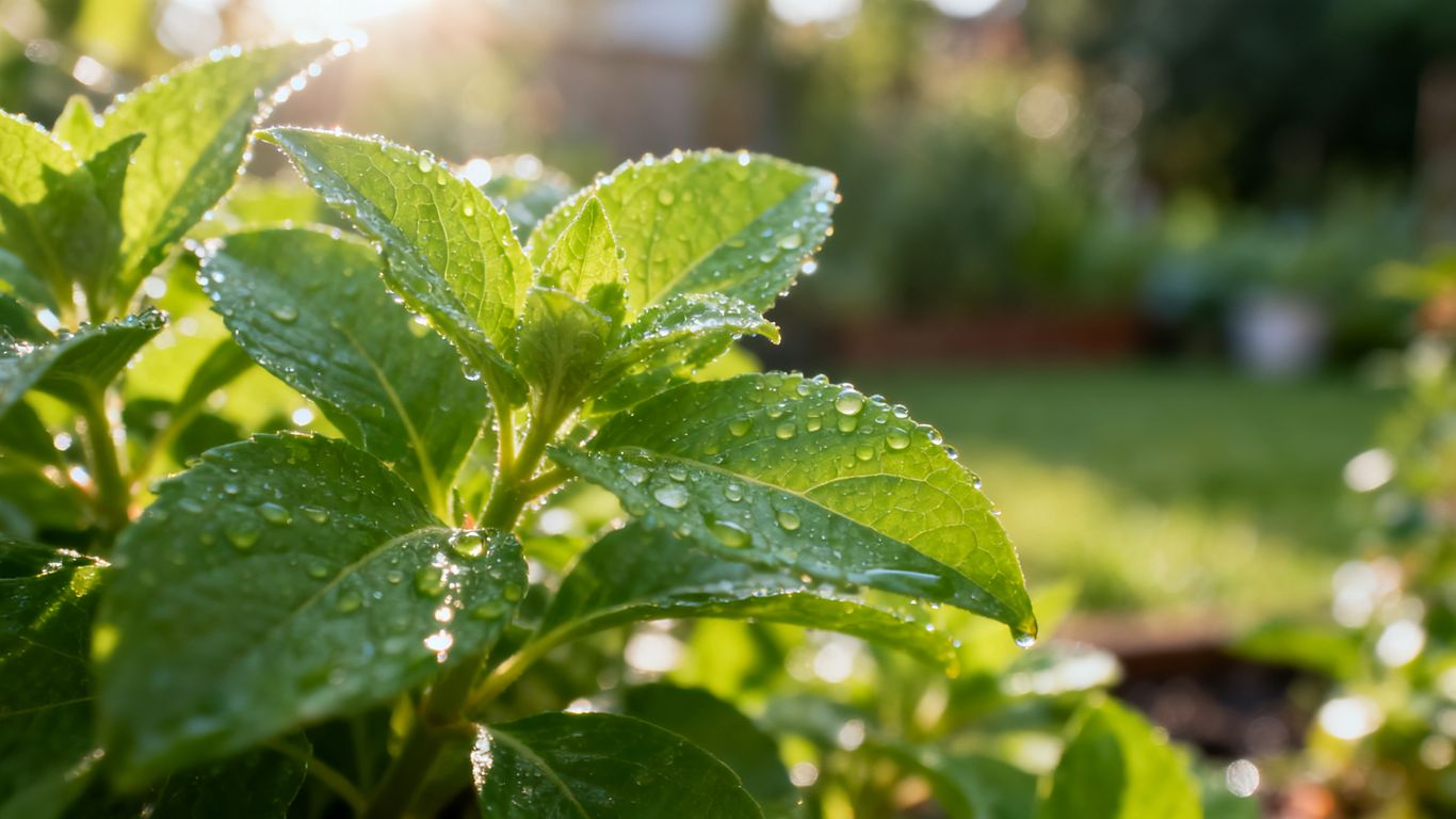 Pflanze mit Tautropfen im Sonnenlicht