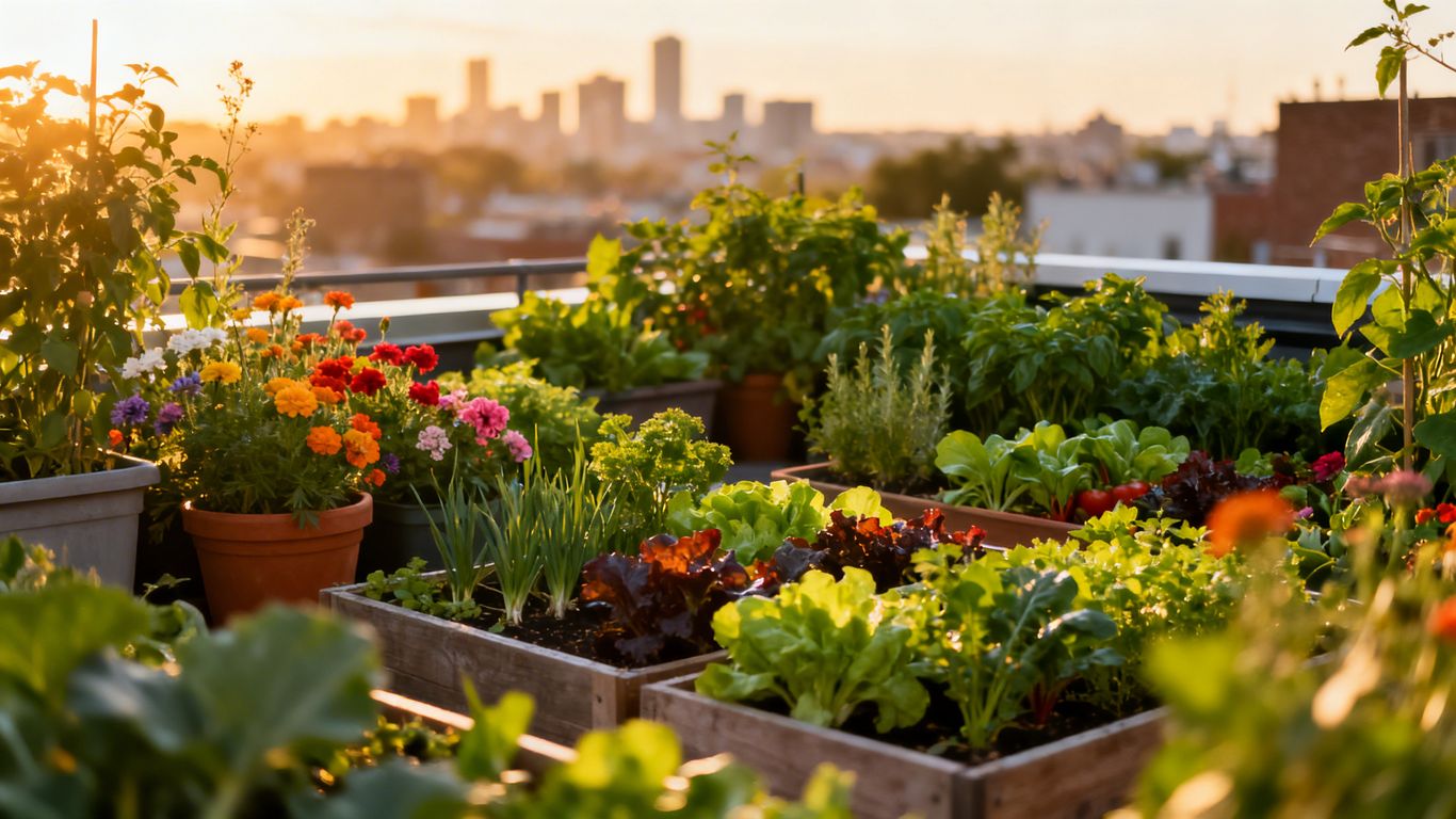 Urbaner Garten mit Gemüse und Blumen auf dem Dach