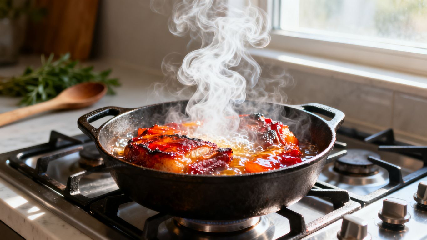 Heißer Topf mit dampfendem Essen auf dem Herd.