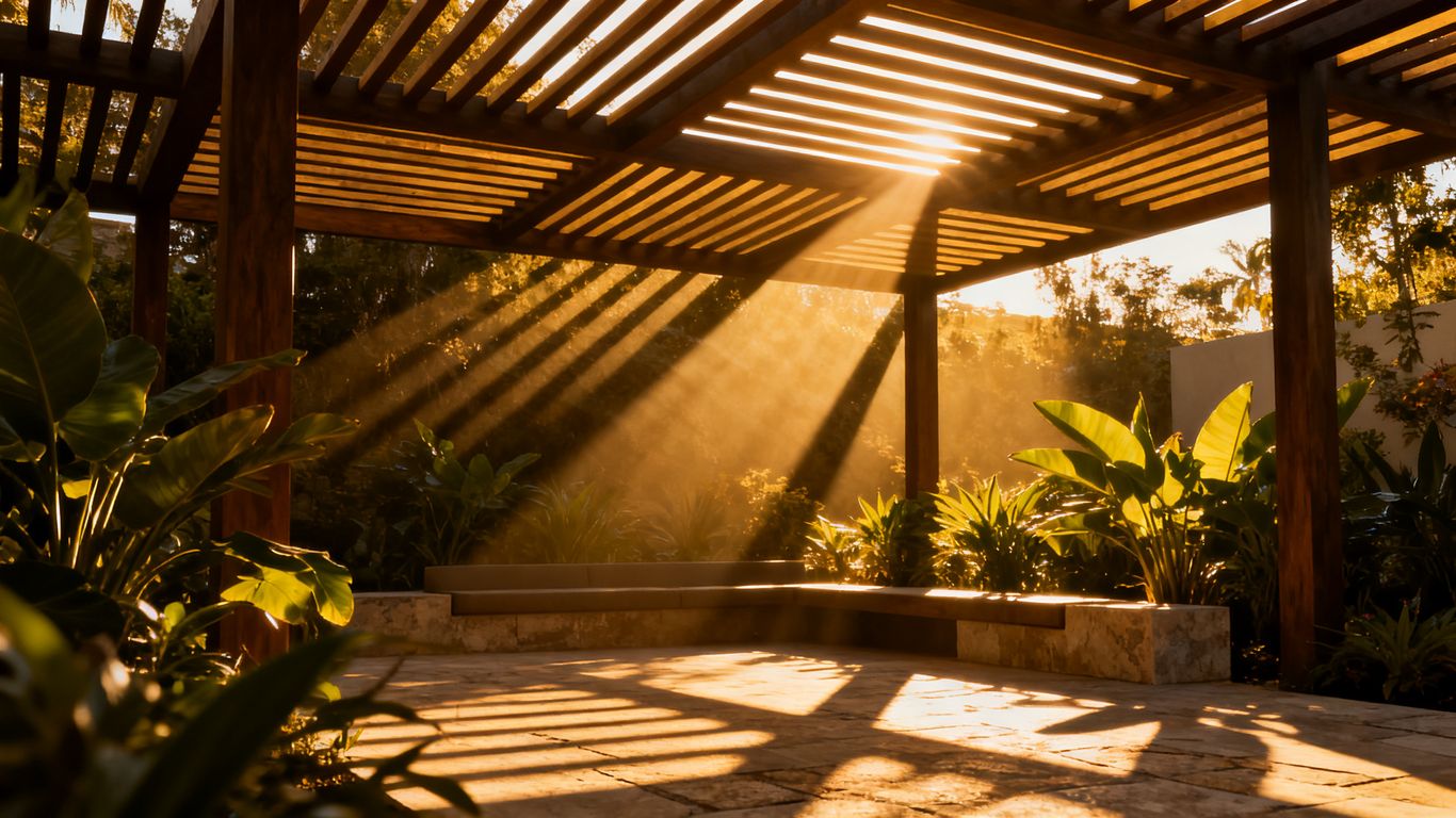 Pergola wirft Schatten auf sonnige Terrasse