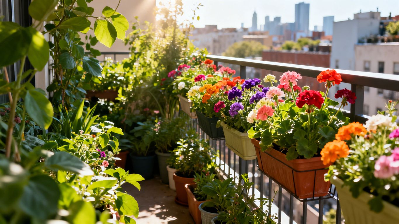 Gesunder Stadtgarten mit Pflanzen und Blumen auf einem Balkon.